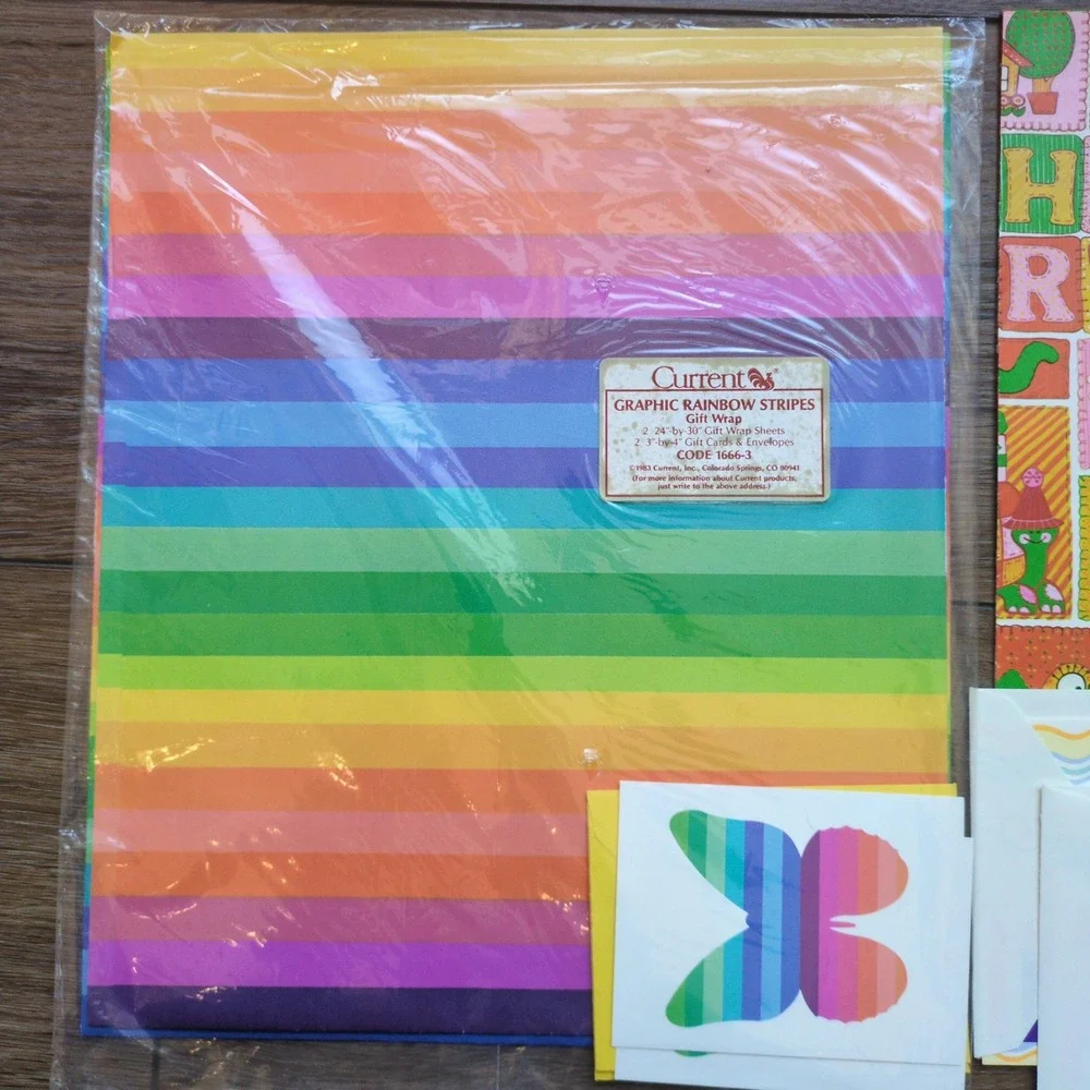Vtg 80s Current Gift Wrapping Paper - Rainbow Stripes, Happy Birthday, Elephants